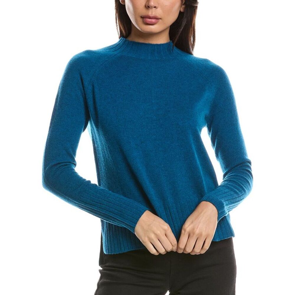 Forte Cashmere Womens  Hi Low Rib Trim Funnel Neck 100% Cashmere Sweater, Blue